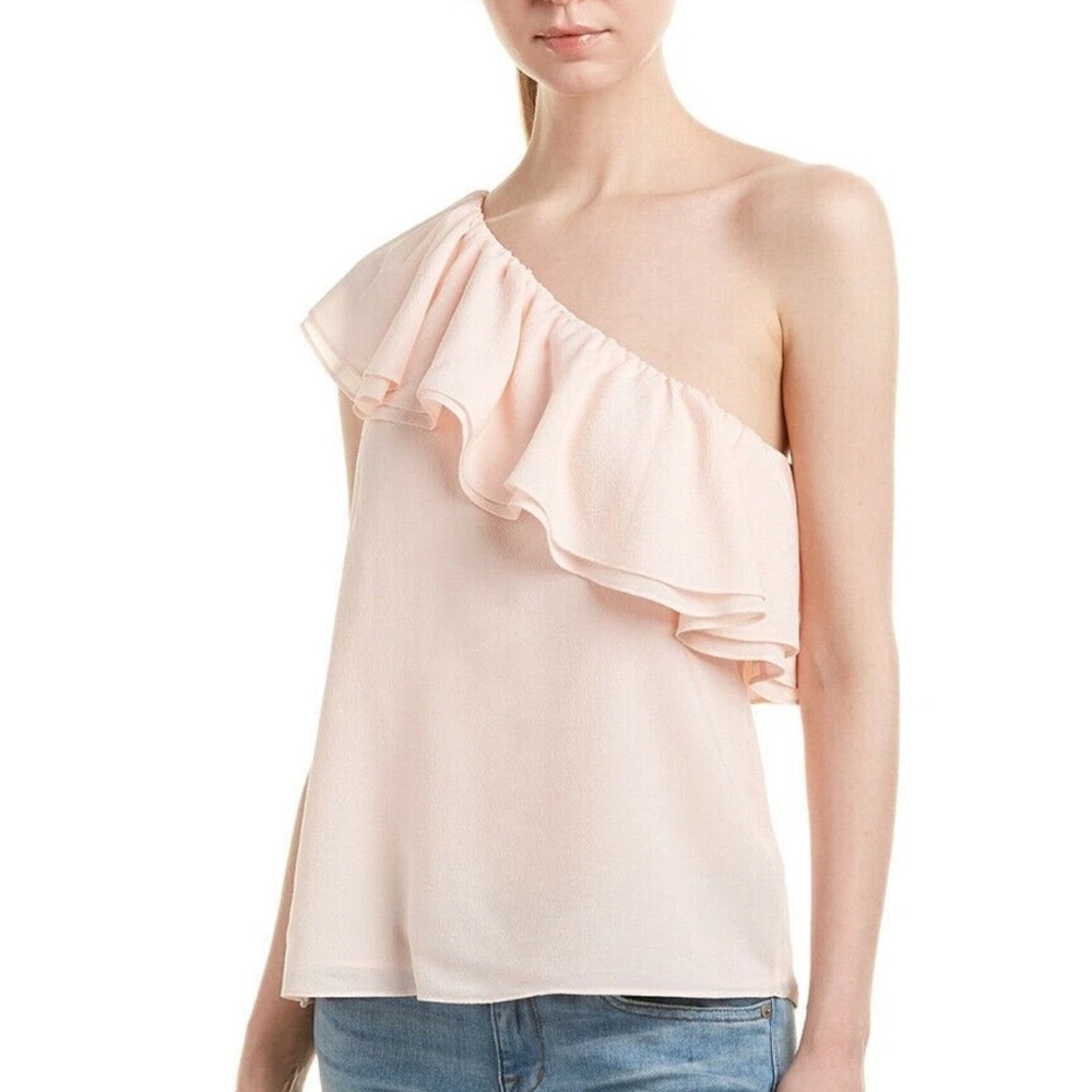 Rebecca Taylor One Shoulder Ruffled Textured Silk Blouse Blush Pink Size 12 NWT